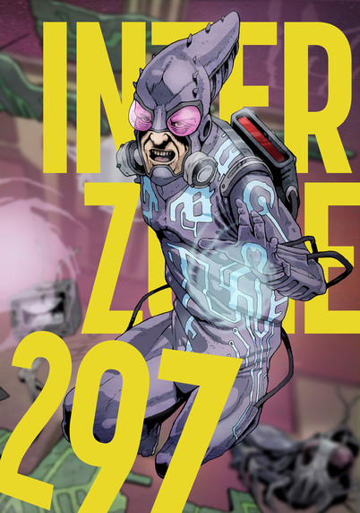 The cover of INTERZONE #297 cover, featuring NANOMAN by Martin Hanford, a grumpy guy in a futuristic stealthsuit