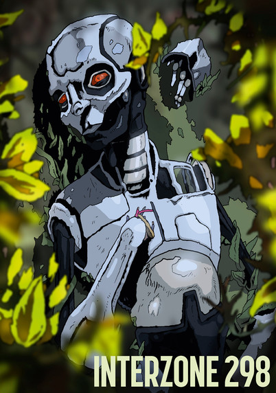 A robot with red eyes lies broken on grass, surrounded by plants. Overlayed, at the bottom, the title INTERZONE 298