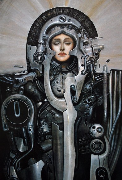 Illustration of a pale-skinned woman fully encased in a complex metal suit