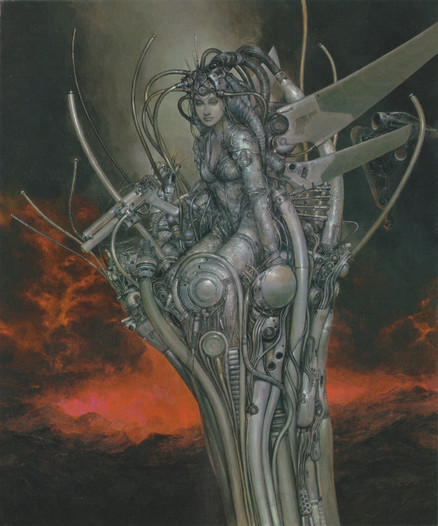 Illustration of a grey-skinned woman sitting amid a tower of complex tech, with metal tubes and wires coming out of her head and back