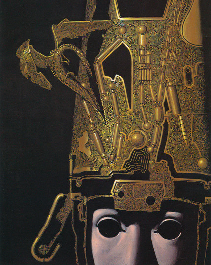 Illustration of a head with gaping black void eyes in the lower corner, wearing a tall, elaborate golden headpiece that takes up most of the frame