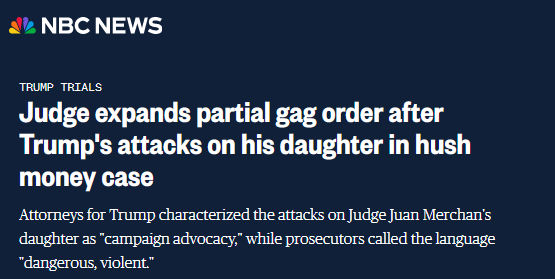 Trump trials
Judge expands partial gag order after Trump's attacks on his daughter in hush money case
Attorneys for Trump characterized the attacks on Judge Juan Merchan's daughter as "campaign advocacy," while prosecutors called the language "dangerous, violent."