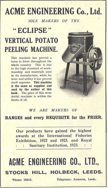 Late 19th century engraving advertisement for Eclipse Vertical Potato Peeling Machine.

Illustration of a 19th century metal gadget with flywheel and hopper. 

"Amce Engineering Co. , Ltd. Sole Makers of the Eclipse Vertical Potato Peeling Machine.

This machine has proved a boon to friers throughout the whole country."