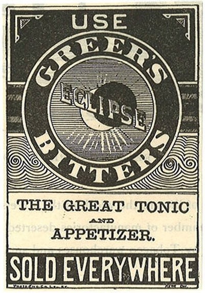 Late 19th century engraving advertisement for "Greer's Eclipse Bitters". 

Artwork shows eclipse of the Sun. 

Text: "Use GREER'S ECLIPSE BITTERS, The Greatest Tonic and Appetizer, Sold Everywhere"