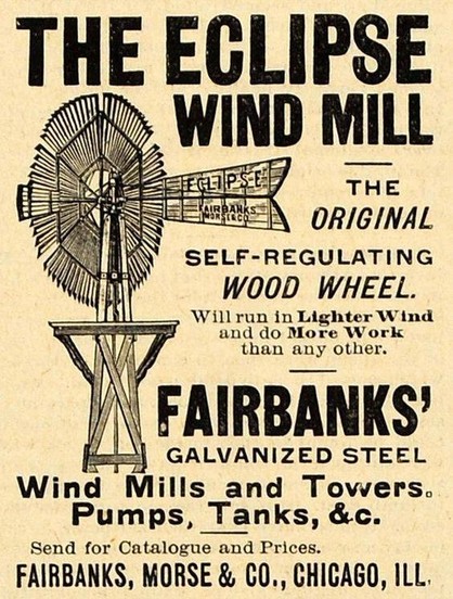 Late 19th century engraving illustration for "The Eclipse Wind Mill". 

Illustration of a late 19th century windmill. 

Text "The Original Self-Regulating Wood Wheel. Will run in Lighter Wind and do More Work than any others."
