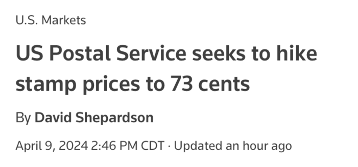 U.S. Markets
US Postal Service seeks to hike stamp prices to 73 cents
By David Shepardson
April 9, 20242:46 PM CDTUpdated an hour ago