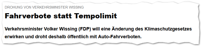 Drohung von Verkehrsminister Wissing
Fahrverbote statt Tempolimit

Verkehrsminister Volker Wissing (FDP) will eine Änderung des Klimaschutzgesetzes erwirken und droht deshalb öffentlich mit Auto-Fahrverboten.