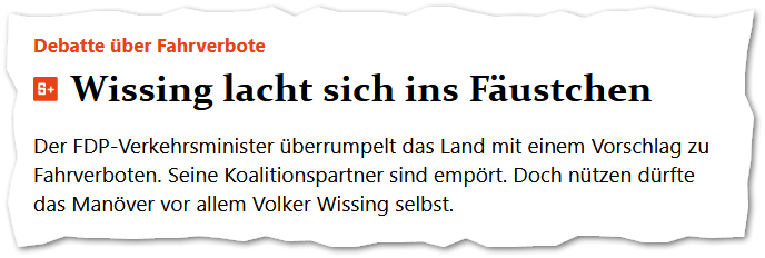 Debatte über Fahrverbote
Wissing lacht sich ins Fäustchen
Der FDP-Verkehrsminister überrumpelt das Land mit einem Vorschlag zu Fahrverboten. Seine Koalitionspartner sind empört. Doch nützen dürfte das Manöver vor allem Volker Wissing selbst. 