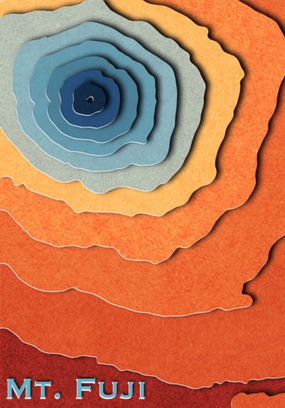 Elevation contours of Mount Fuji in paper cutout style