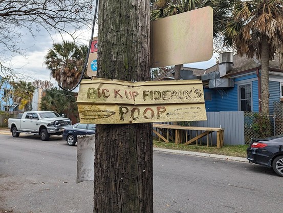 Wooden utility pole vertically at center of photo. In background is street with 1 and 2 floor residential buildings.  
Attached to the utility pole is a sign, hand lettered on scrap metal, reading "PICK UP FIDEAUX'S POOP". 