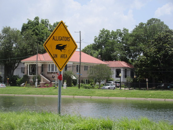 Scene along a bayou with grassy banks. A large raised house is in the background. In foreground is a rectangular metal sign, black text on yellow background, "ALLIGATORS IN AREA" with a pictogram of an alligator.  The sign has been modified with black marker to read "ALLIGATOR'S SIN AREA",  with additions of a joint in the gator's mouth, a can of beer in the gator's hand, and a sign reading "XXX". 