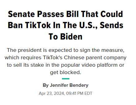Senate Passes Bill That Could Ban TikTok In The U.S., Sends To Biden
The president is expected to sign the measure, which requires TikTok's Chinese parent company to sell its stake in the popular video platform or get blocked.
By Jennifer Bendery
Apr 23, 2024, 09:41 PM EDT