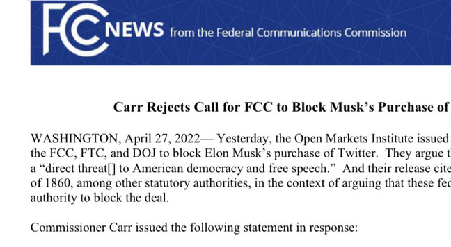 FCC statement on Musk/Twitter