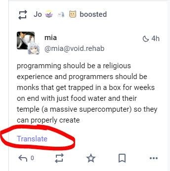 Post from mia, boosted by Jo.

Programming should be  religious experience and programmers should be monks that get trapped in a box for weeks on end with just food water and their temple (a massive supercomputer) so they can properly create.