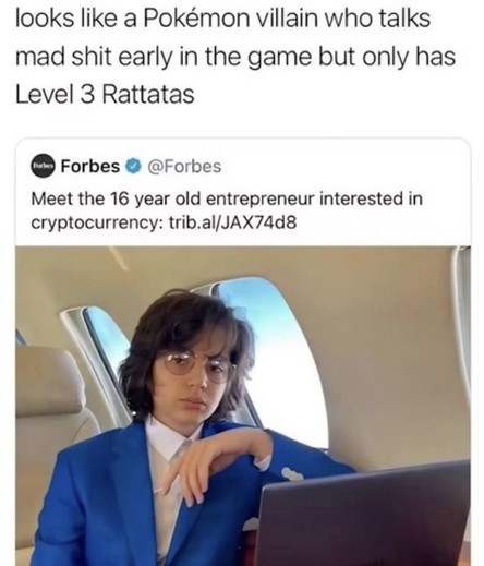A young individual in a blue suit and round glasses using a laptop inside a private jet. The image includes a humorous caption comparing the person to a fictional character, along with a screenshot of a tweet by Forbes about a 16-year-old entrepreneur.
