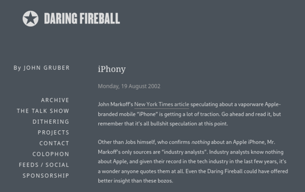Screenshot of an article published by John Gruber in his blog "Daring Fireball" on August 2002 about a "vaporware Apple-branded mobile" called "iPhone"