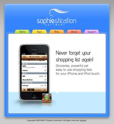 Screenshot of Sophie Teuschler's Sophiestication Software website, circa August 2009, from the Internet Archive