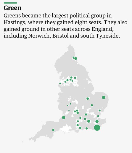 Map of England showing areas with green dots where the Green political party gained seats, indicating regions such as Hastings, Norwich, Bristol, and South Tyneside.
