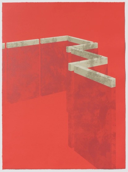 Abstract architectural forms in soft red with a series of vertical blocks zig-zagging across the center