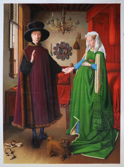We zien op het schilderij in een slaapkamer een dubbelportret met een rijk geklede man en een eveneens rijk geklede vrouw die elkaar de hand reiken. Op de voorgrond, voor het paar, staat een hond en liggen een paar buitenschoenen.