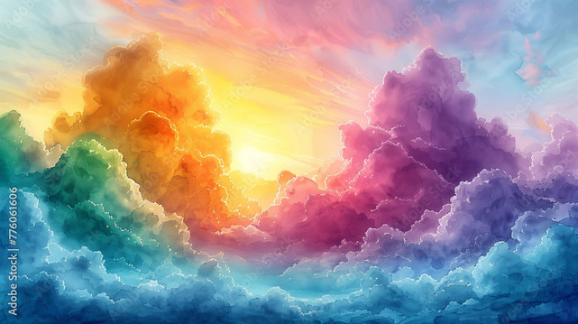 A painting of multi-colored clouds (blue, purple, orange, green) surrounding a yellow sun, it's an Adobe stock photo so it's probably not even a real painting