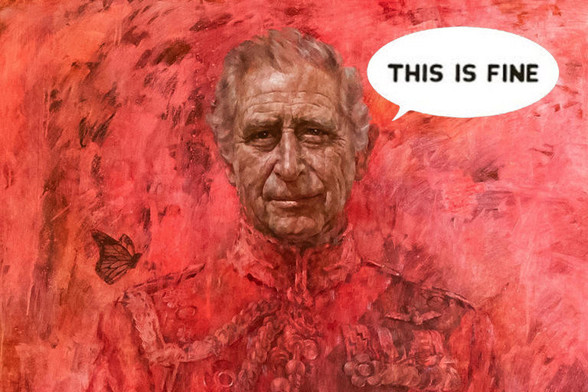 Painting of King Charles with background and body in red, almost like flames, with speech bubble saying 