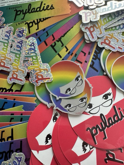 Sparkly PyLadies stickers and rainbow badge ribbons