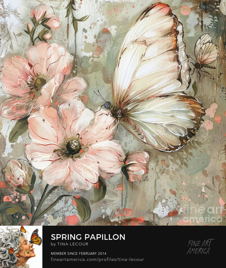 This is a mixed media shabby chic style painting of big white butterfly perched on some pretty spring peachy pink colored wildflowers. 