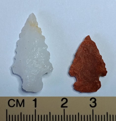 L) white quartz straight stemmed point with serrated triangular blade. R) short red chert corner-notched point with short triangular blade & expanded stem with convex base.