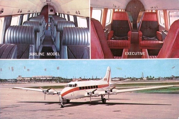 Three panel postcard. Upper right is a plane interior with at least 12 seats, upper left is also an interior with about 8 seats, and the bottom panel had a 4 engine prop plane parked. 