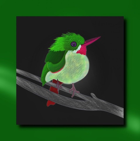 Ein kleiner grüner Vogel mit rotem Schnabel sitzt auf einem Zweig.

A small green bird with a red beak sits on a branch.