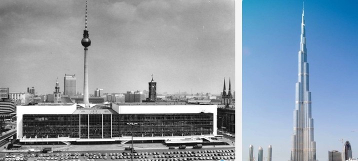 Das zweigeteilte Foto zeigt den Palast der Republik und den Burj Khalifa