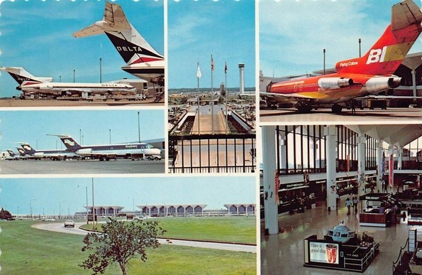 Multi Panel postcard. Starting Upper Left Delta Airlines planes at the gate, a view of some flags and the tower, a Braniff 727 at the gate,  In side the departure hall, Outside looking at the terminals from the road, Southern Airways dc-9s at the gate. 