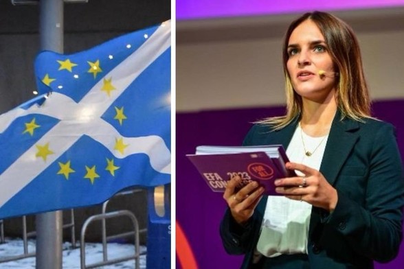 On the left, a flag featuring the design of the Scottish flag with superimposed European Union stars. On the right, a woman holding a booklet and speaking on stage, wearing a blazer and with a microphone headset.