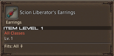 FFXIV item. Scion Liberator's Earrings. Item level 1. All Classes. Lv 1. Fits: All female.