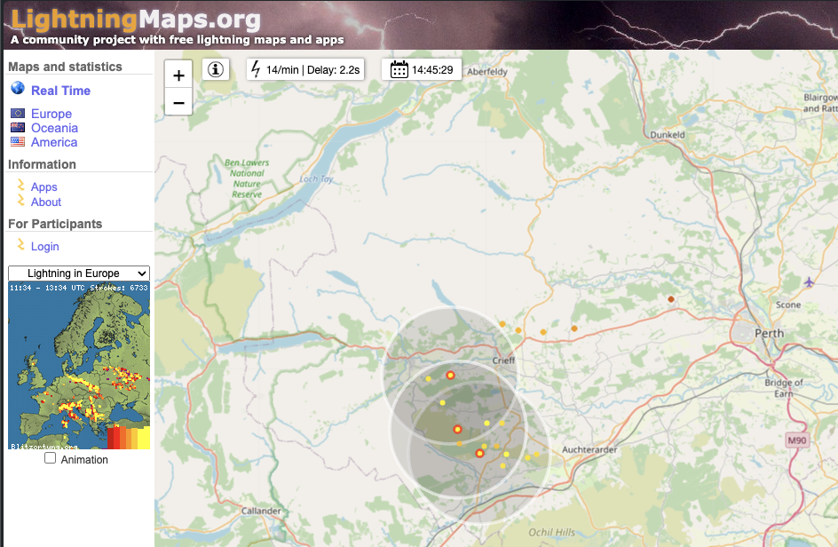 Map of lightning strikes as the thunderstorm heads west across Perthshire