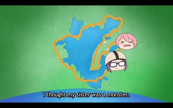 Imagen del mapa del lago Hamana con las caras chibi de Nadeshiko (con expresión de estar quejándose) y Sakura (con un casco), representando que están dando vueltas al lago en bici.
En el subtítulo, Nadeshiko dice: 