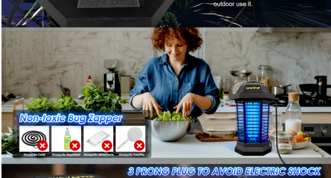 Screen capture from an Amazon product page for an outdoor bug zapper:
A white woman with curly brown hair stands at a kitchen island countertop looking down smilingly at a metal bowl full of lettuce she appears to be tossing with her hands. Around her are the accoutrements of a luxury or gourmet kitchen on the counters, with marble backsplashes and appliances.
Unceremoniously photoshopped into the photo is an outdoor bug zapper glowing bright blue on the countertop next to the woman. 
An inset declares 