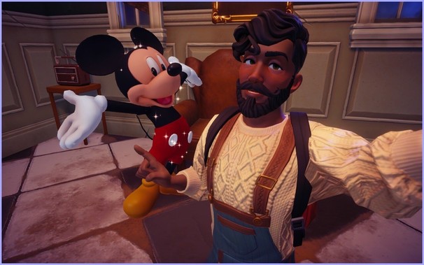 A cartoon character taking a selfie with Mickey Mouse in a room with vintage decor.