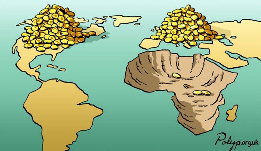 Stlylized cartoon world map showing giantic piles of gold coins on North America and Europe, with the entitre African continent dug down below sealevel to bare earth with four coins remaining.</p><p>Watermark on the lower right reads Polyp.org.uk