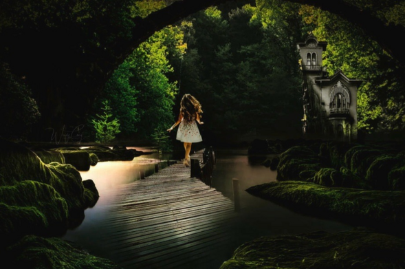 A young girl in a white dress is walking away on a wooden boardwalk over a tranquil body of water surrounded by lush greenery. An ornate stone bridge frames the scene at the top, and a mysterious gothic-style building is nestled among the trees to the right.