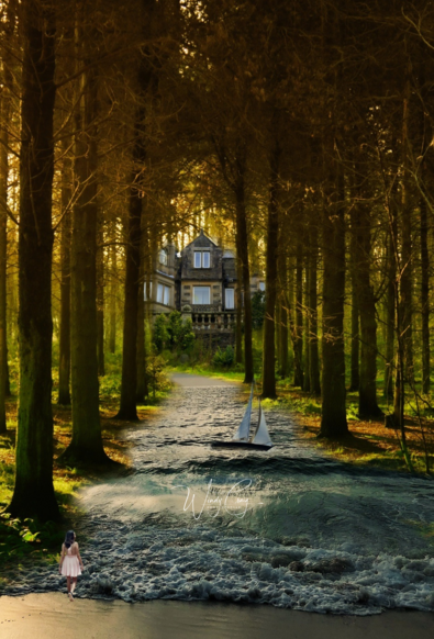 A surreal scene unfolds where a small sailboat navigates a rippled, cloth-like sea in the middle of a forest path leading to a vintage house. A young girl in a pink dress stands to the side, watching the boat's progress beneath the golden light filtering through the trees.