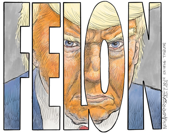 Sketch of Trump from his mugshot overlaid with the word FELON.