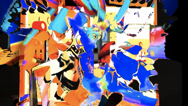 image of a glitched video collage made in TouchDesigner with found footage sources.  a mix of angular and curved blue, orange, cyan, and yellow shapes with some sense of perspective coming from the center.