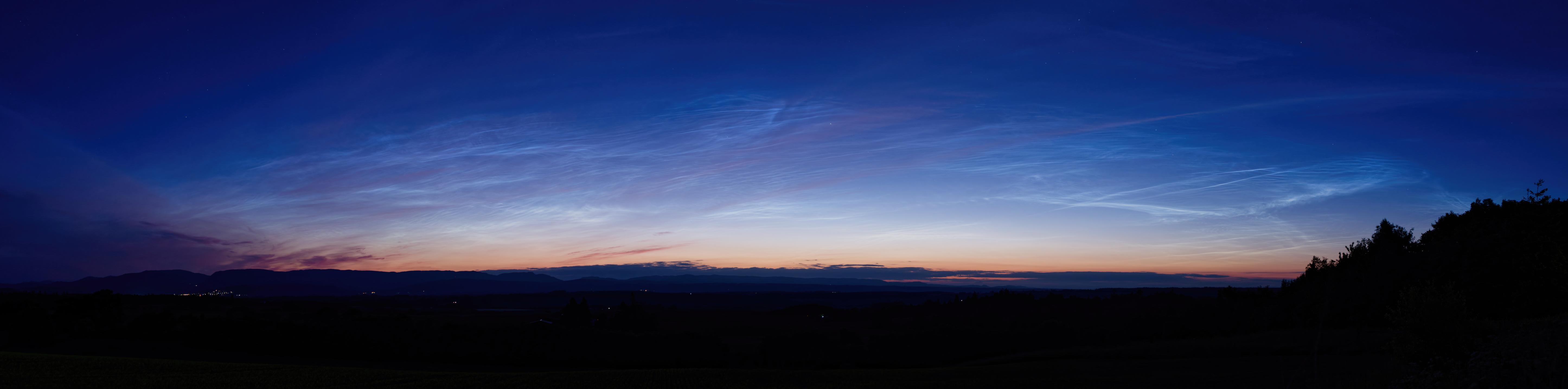 Panorama photo of noctilucent clouds (NLCs) from Perthshire, 2024-06-13