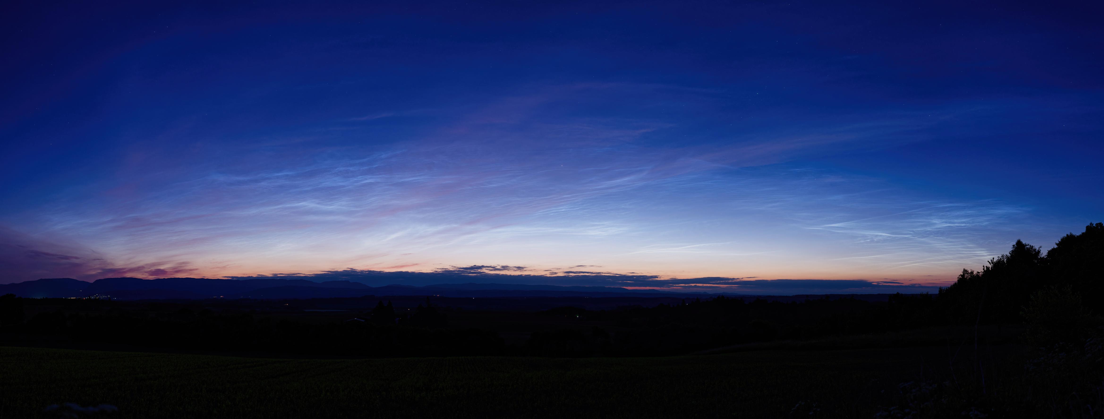 Panorama photo of noctilucent clouds (NLCs) from Perthshire, 2024-06-13