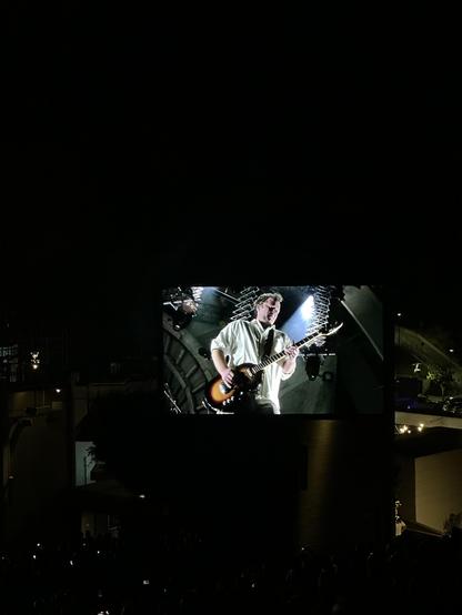 A photo of a screen showing the bassist to Vampire Weekend. 