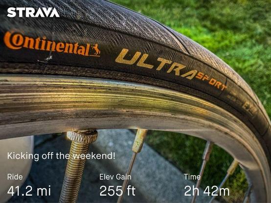 Close-up of a Continental Ultra Sport bicycle tire on a wheel.
