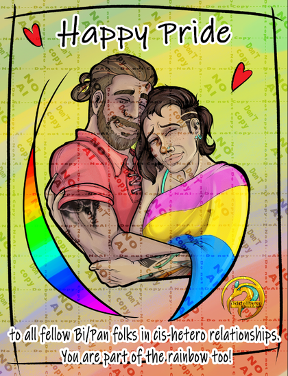 A man and a woman holding each other in their arms. The woman wearin a pansexual flag as a shirt. The man wearing a red shirt. He has dark blonde hair and a beard. Hair in a man bun, sides shaved. Sh has her shoulder long hair in a pun with some hair loose too. Her sides are shaved too with twoo stripes. Both have tattoos on their arms.

Text says: Happy Pride to all fellow Bi/pan folks in cis-hetero relationsships. You are part of the rainbow too!