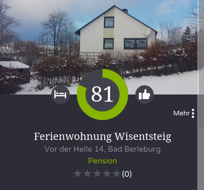 Bildschirmfotoausschnitt von treedays.net. Darauf zu sehen ein Haus im Winter mit Schnee, davor eine Hecke. Auf dem Bild ein Kreis, indem 81 steht. Der Kreisrahmen ist zu 81% grün.
Darunter steht noch die Adresse.